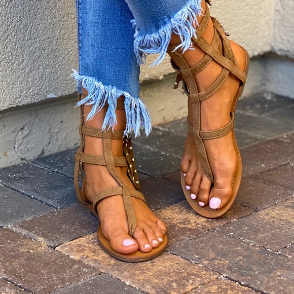Fringe & Studs Strappy Boho Gladiator Ankle Sandal - Picture 3 of 14